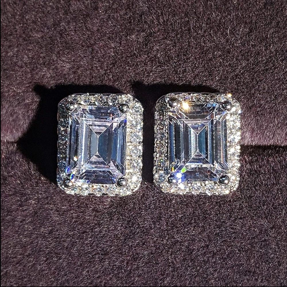 New 925 Silver Rectangular Diamond Earrings - Picture 2 of 3